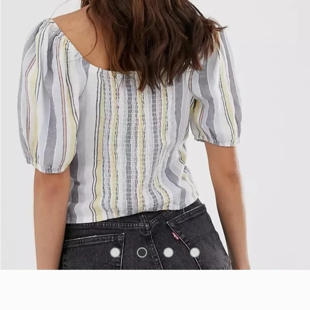 Striped Puff-Sleeve Button-Front Crop Top in Blue/White/Yellow